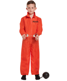 A child wearing an orange prison jumpsuit costume with black printed numbers on the chest, standing against a white background with toy handcuffs and a ball chain accessory.