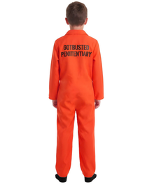 A child viewed from the back wearing an orange jumpsuit costume with 'GOTBUSTED PENITENTIARY' printed in black across the upper back, on a plain white background.
