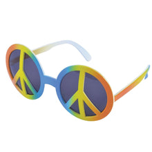 Round novelty sunglasses with peace sign lenses and a rainbow gradient frame, shown on a plain white background.