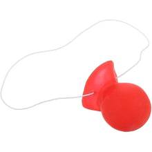 Red silicone clown nose with a white elastic cord, shown on a plain white background.