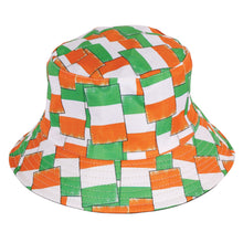 A bucket hat featuring a repeating pattern of the Irish flag, with orange, white, and green stripes, shown against a plain white background.