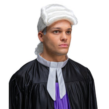 Person wearing a judge's wig and robe on a white background