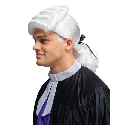 Person wearing a judge's wig and robe on a white background
