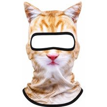 A novelty cat-print neck gaiter or face mask with a printed orange and white tabby cat design, featuring a black eye mask and black trim at the neck, shown against a plain white background.