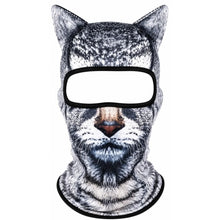 A cat-face balaclava neck gaiter mask with a realistic gray and white cat print, featuring a black eye opening and black trim.