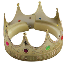 A gold plastic fancy dress crown with faux beaded trim and colourful plastic gemstones in red, green, blue, and yellow, shown on a plain white background.
