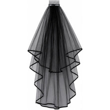 A long black tulle bridal veil with a ruffled, tiered design and a matching black hair comb at the top, shown against a plain white background.