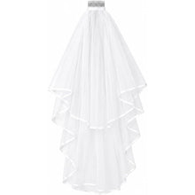 A white tulle bridal veil with a tiered, ruffled design and a silver metal comb attachment at the top, shown against a plain white background.