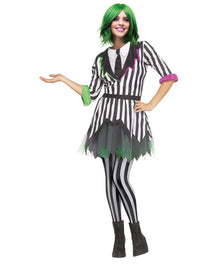 Person wearing a black and white striped costume with green accents on a white background