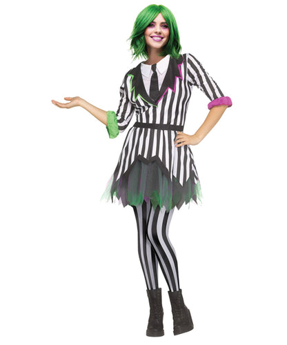 Person wearing a black and white striped costume with green accents on a white background