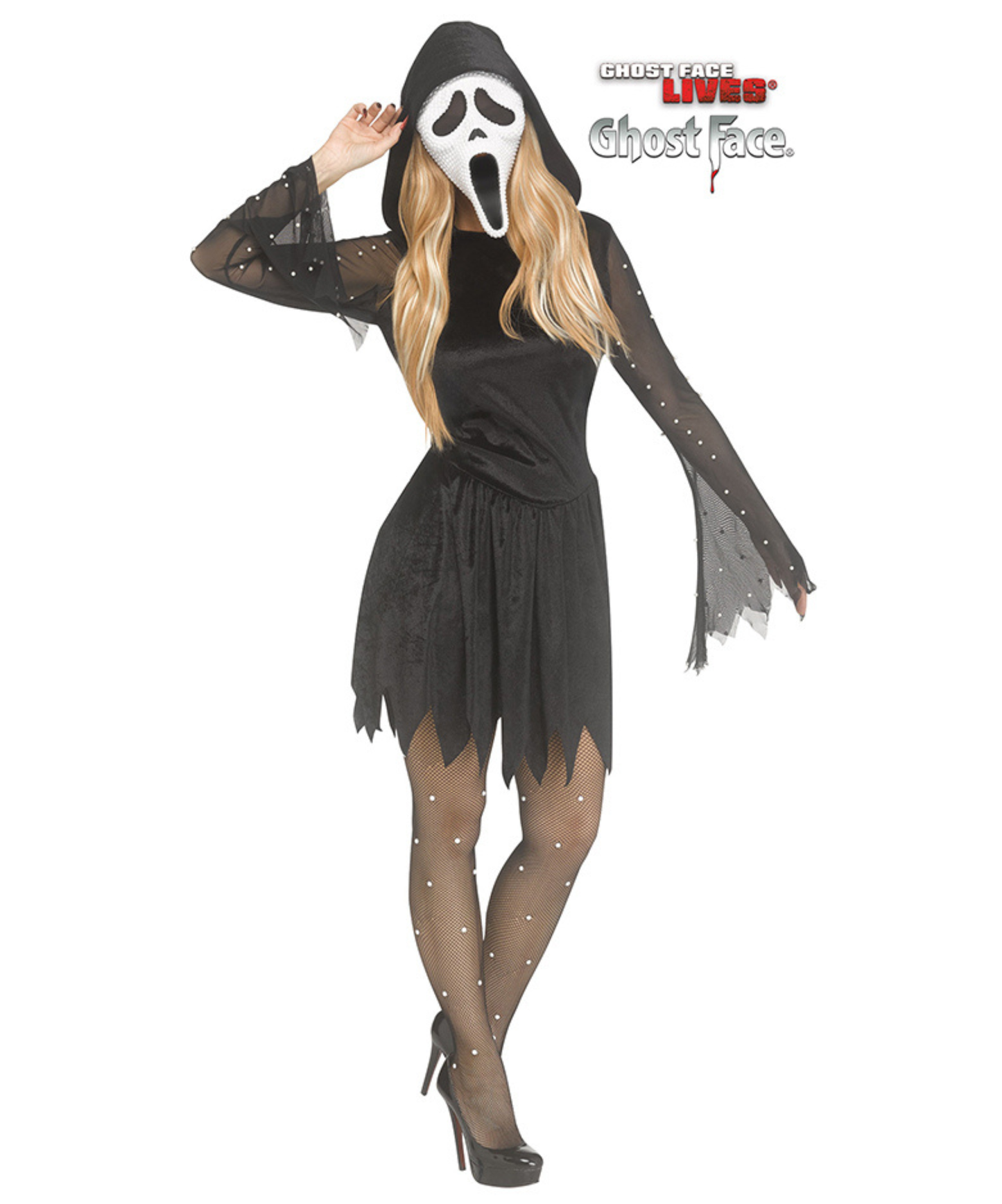 A woman modeling a Ghostface Halloween costume on a plain white background. The costume includes a black hooded dress with distressed hem, sheer long sleeves with silver rhinestone accents, black tights with rhinestones, and a Ghost Face mask.