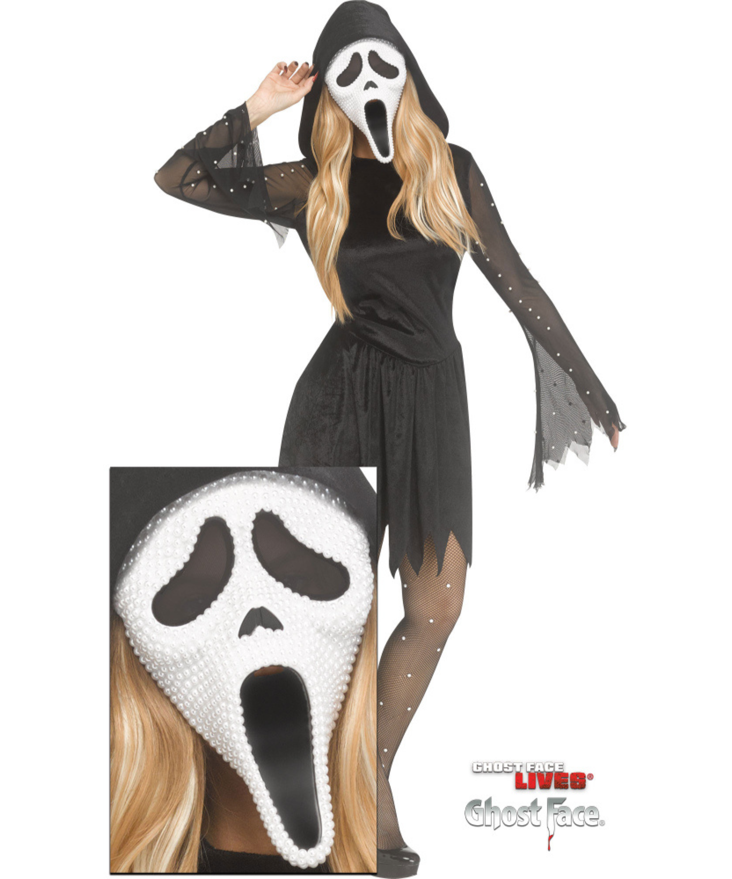 A woman modeling a Ghost Face Halloween costume against a white background, with an inset close-up of the white mask covered in rhinestones. The costume includes a black hooded dress with sheer rhinestone-embellished sleeves and tights.
