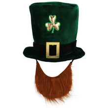 A green velvet St. Patrick's Day costume hat with a black band, gold buckle, and a brown faux-fur beard attached below, shown on a plain white background.