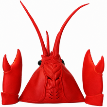 A bright red lobster costume headpiece or mask with long antennae, two large claws on each side, and small black eyes, shown against a plain white background.
