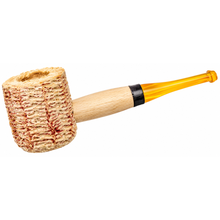 A smoking pipe with a textured, hand-burned beige and brown bowl, a light natural wood handle, and a translucent amber-yellow stem, isolated on a white background.