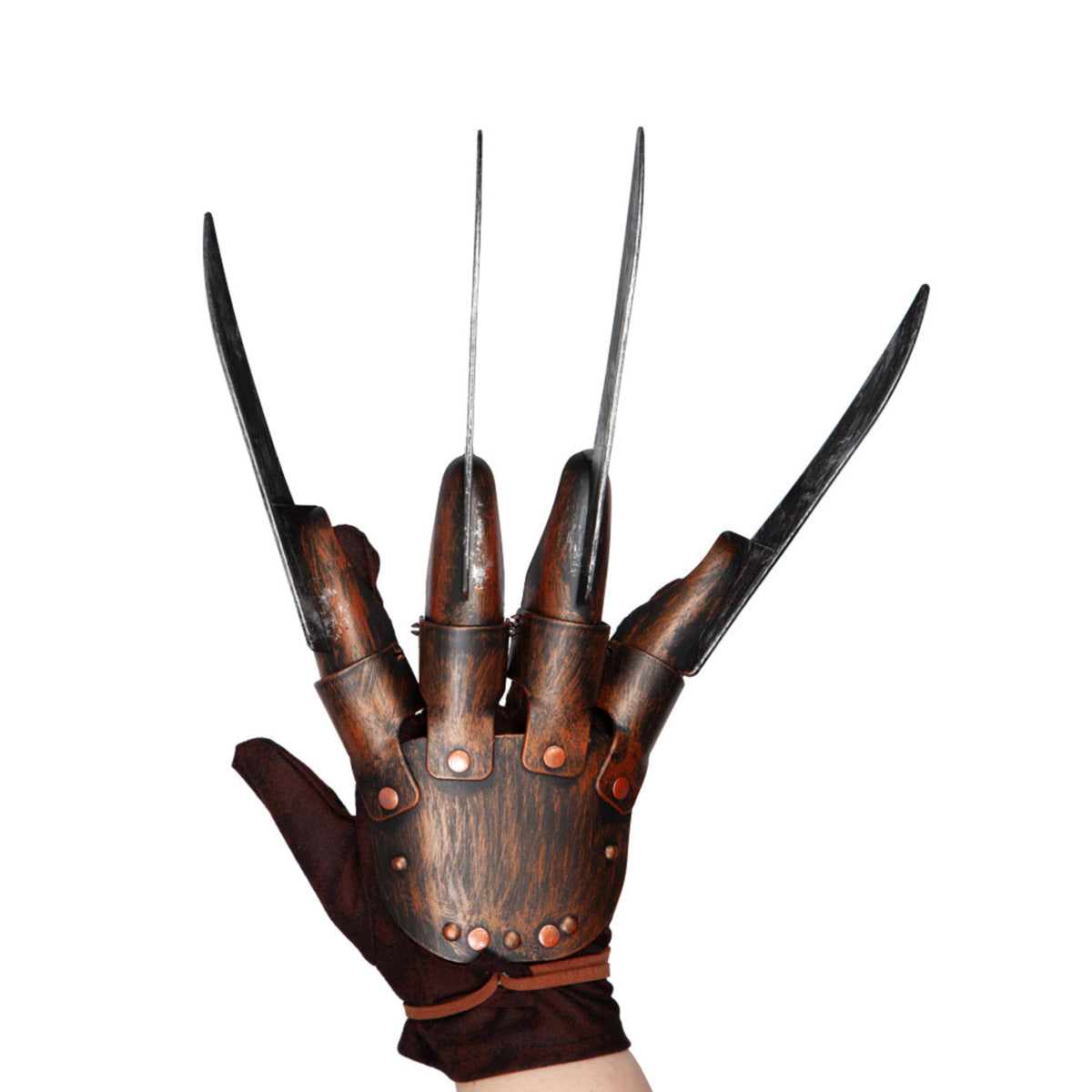 Gloved hand with clawed fingers like Freddy Krueger on a white background