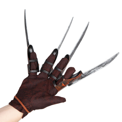 Gloved hand with sharp claws on a white background