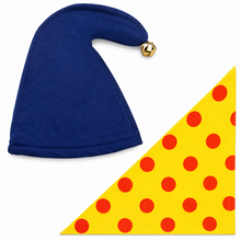 A Noddy costume accessory set featuring a royal blue felt pointed hat with a small gold bell and a yellow fabric triangle with red polka dots, shown on a plain white background.