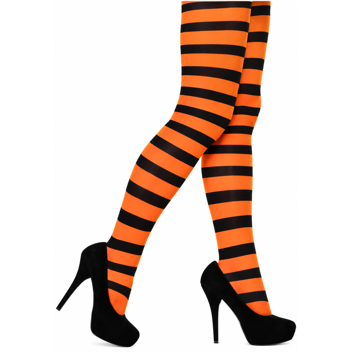 A pair of legs wearing bright orange and black horizontally striped thigh-high stockings, styled with black high heels against a plain white background.