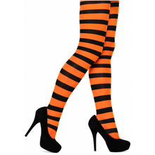 A pair of legs wearing bright orange and black horizontally striped thigh-high stockings, styled with black high heels against a plain white background.