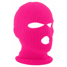 Pink knitted balaclava with three holes on a white background