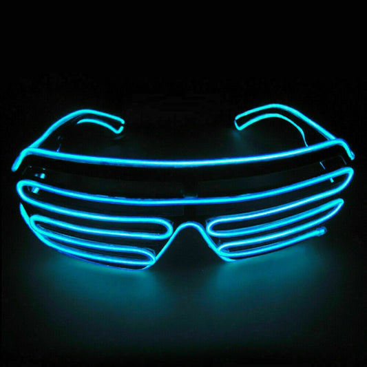 Blue LED shutter style sunglasses on a black background