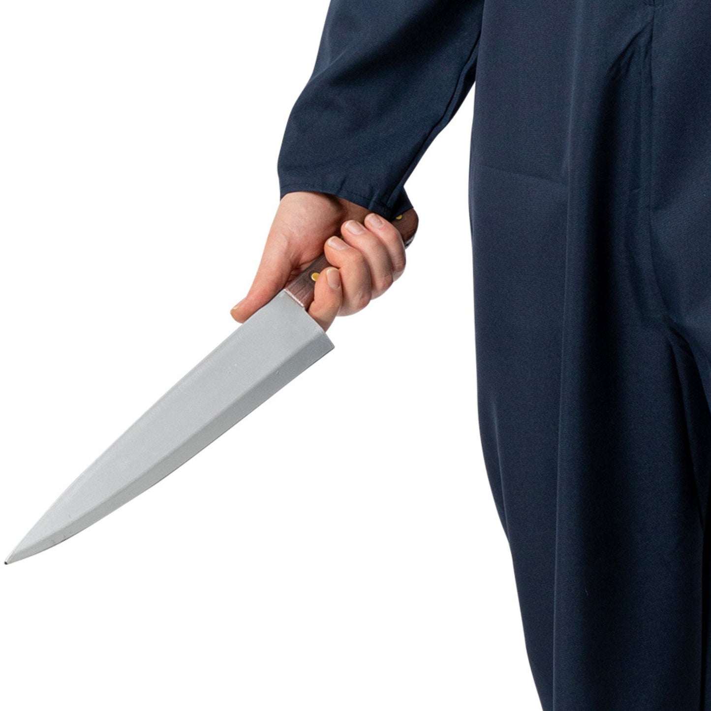Person holding a large knife against a white background