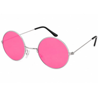 Round sunglasses with vibrant pink lenses and thin silver metal frames, featuring black temple tips, shown on a plain white background.