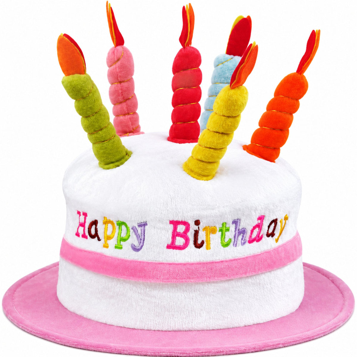 Colorful birthday cake hat with candles and 'Happy Birthday' text on a white background
