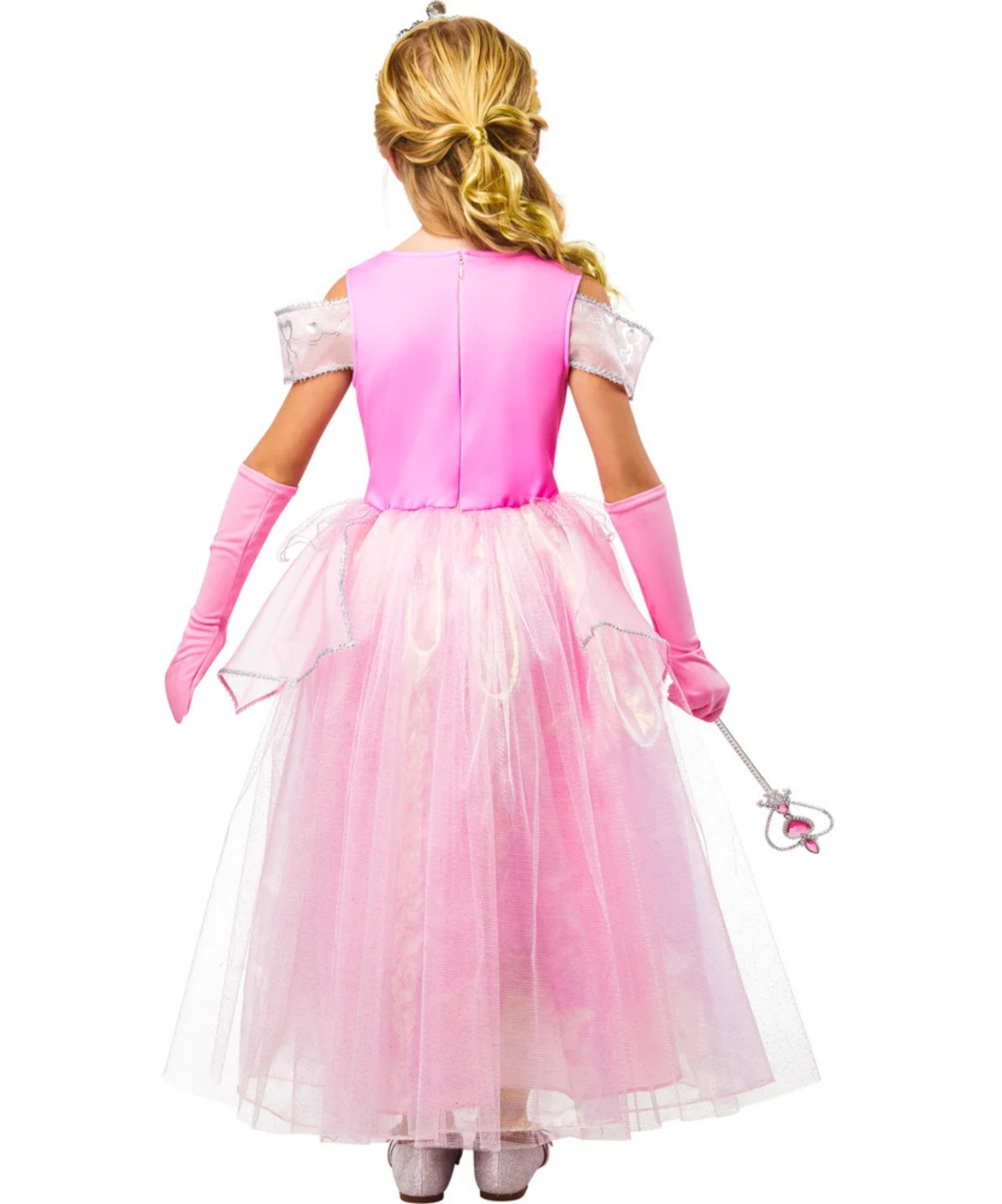 A child model shown from the back wearing a pink princess costume dress with a tulle skirt, matching pink gloves, and holding a small wand against a plain white background.