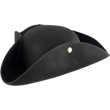 A black felt tricorne hat with a small gold-colored metal rivet on the front band, shown against a plain white background.