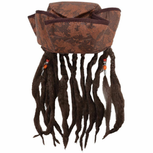 A brown pirate-style costume hat with dark brown faux fur dreadlocks hanging below, and small orange bead accents, shown on a plain white background.