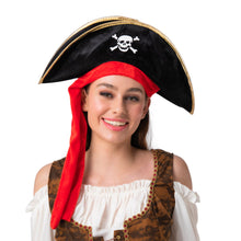 Person wearing a pirate costume with a black tricorn hat and red scarf on a white background