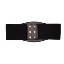 Black waist belt with gold buttons on a white background