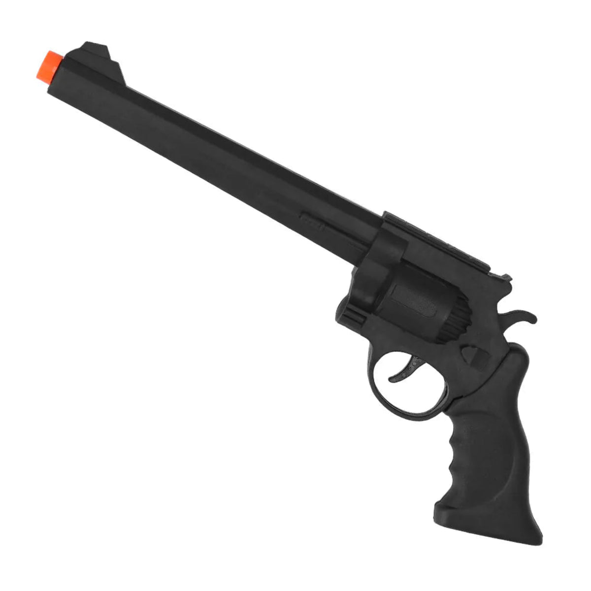 Black revolver toy gun with orange tip on a white background