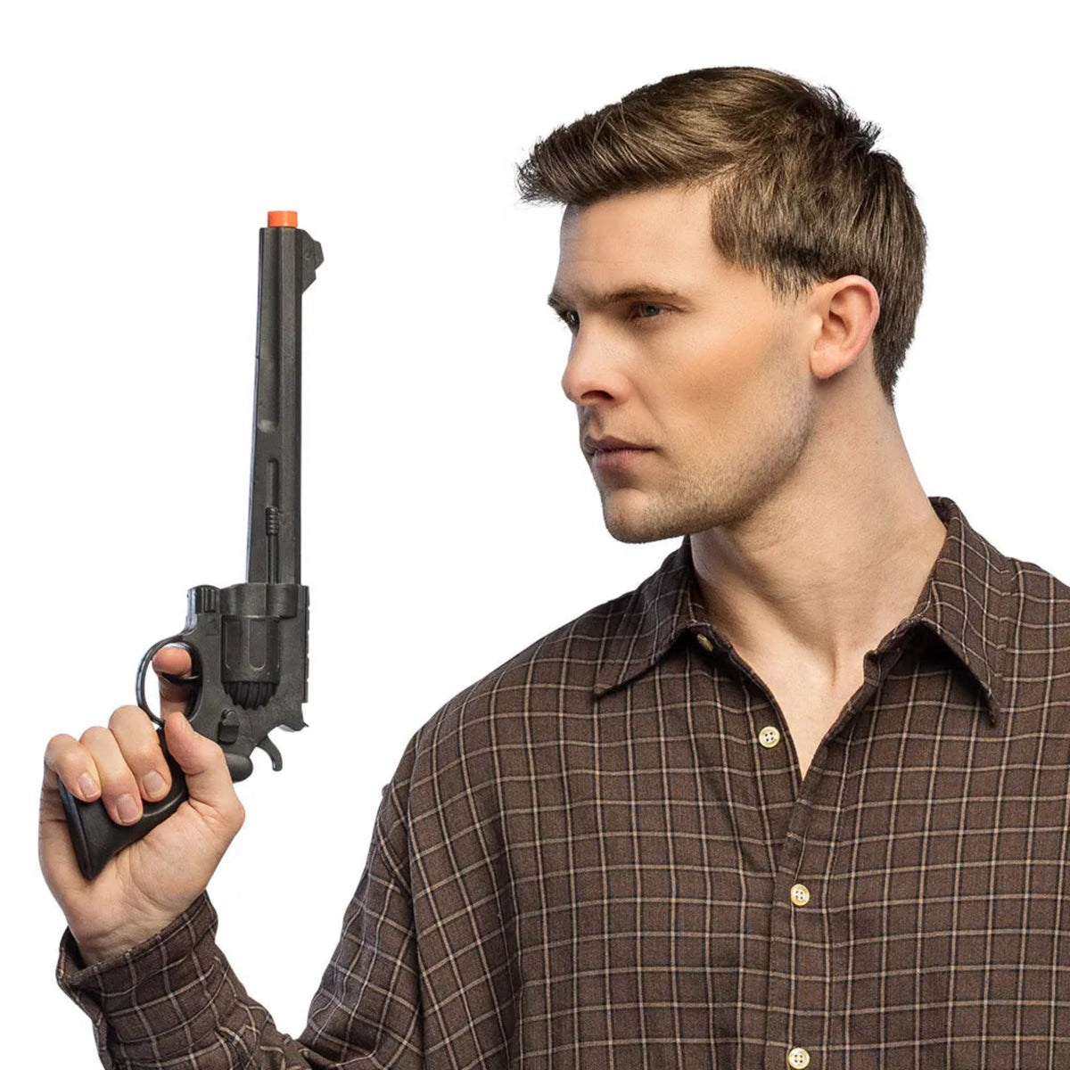 Man holding a black revolver against a white background