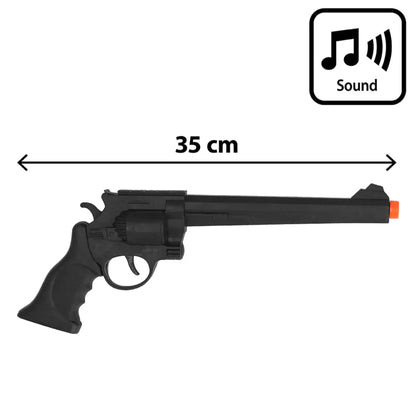 Toy revolver with sound feature, measurement of 35 cm, on a white background