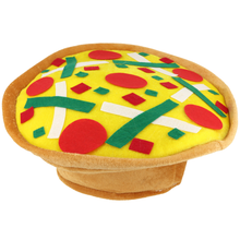 A plush felt hat shaped like a pizza on a round base, with yellow felted cheese, red felted tomato slices, green felted vegetable strips, and white felted vegetable strips, isolated on a white background.