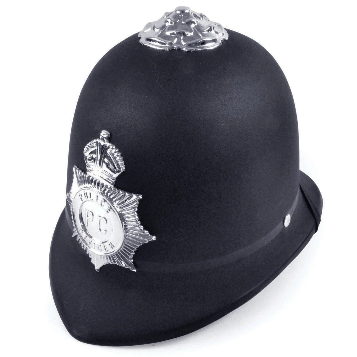 A black traditional hard plastic British police helmet with silver metallic badges, including a central police badge and a decorative finial on top, shown on a plain white background.