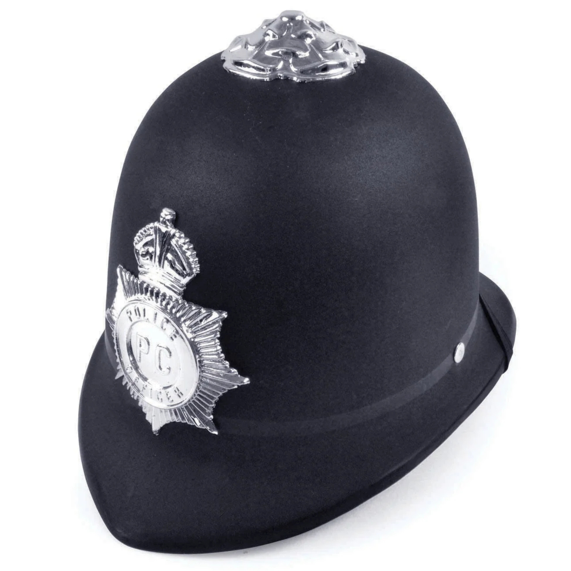 A black traditional hard plastic British police helmet with silver metallic badges, including a central police badge and a decorative finial on top, shown on a plain white background.