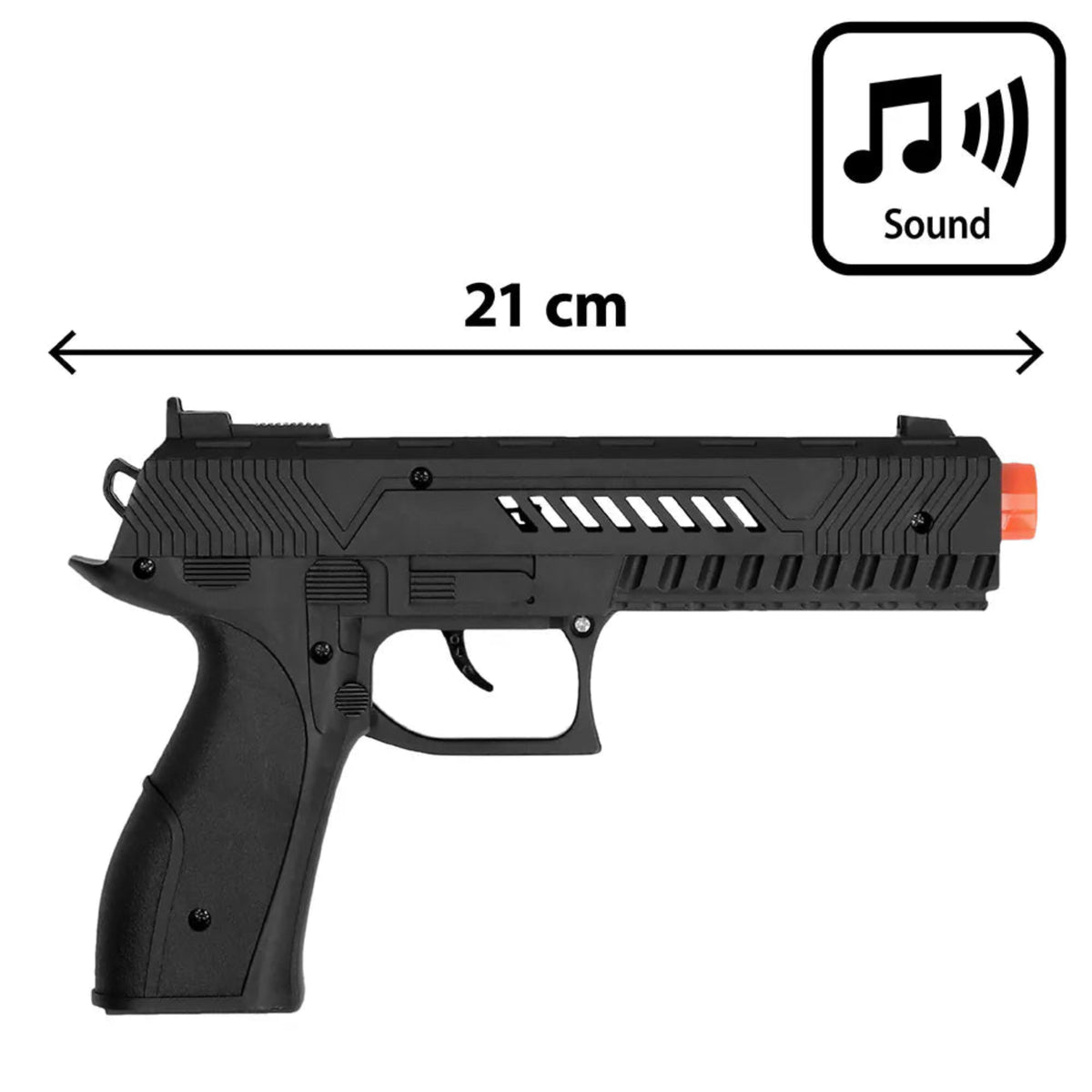 Black toy gun with sound indicator and measurement label on a white background