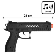 Black toy gun with sound indicator and measurement label on a white background