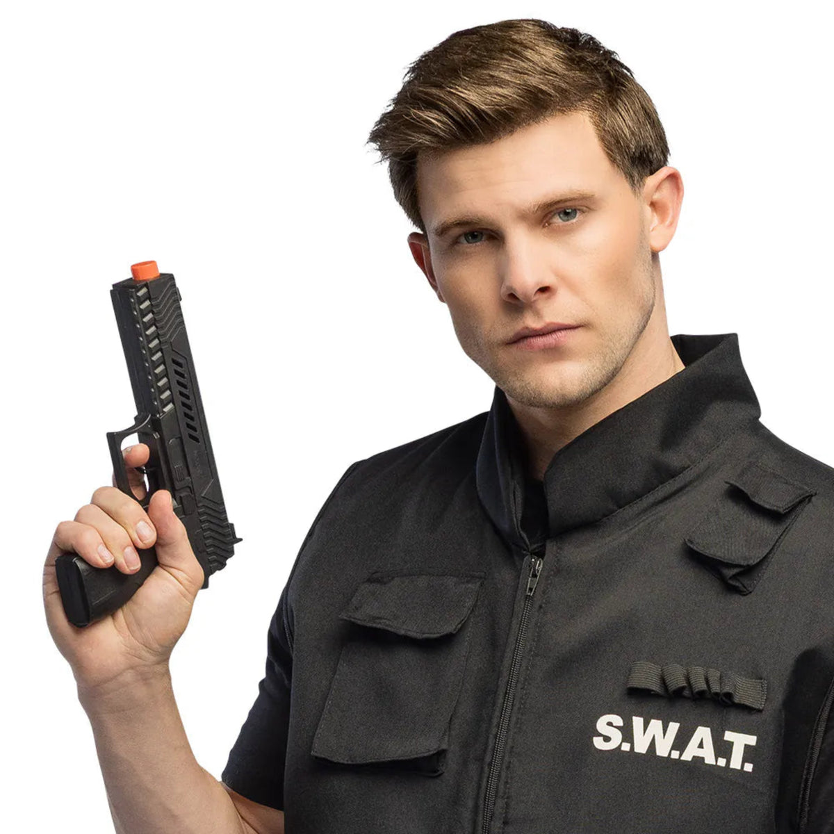 Man in S.W.A.T. uniform holding a toy gun on a white background