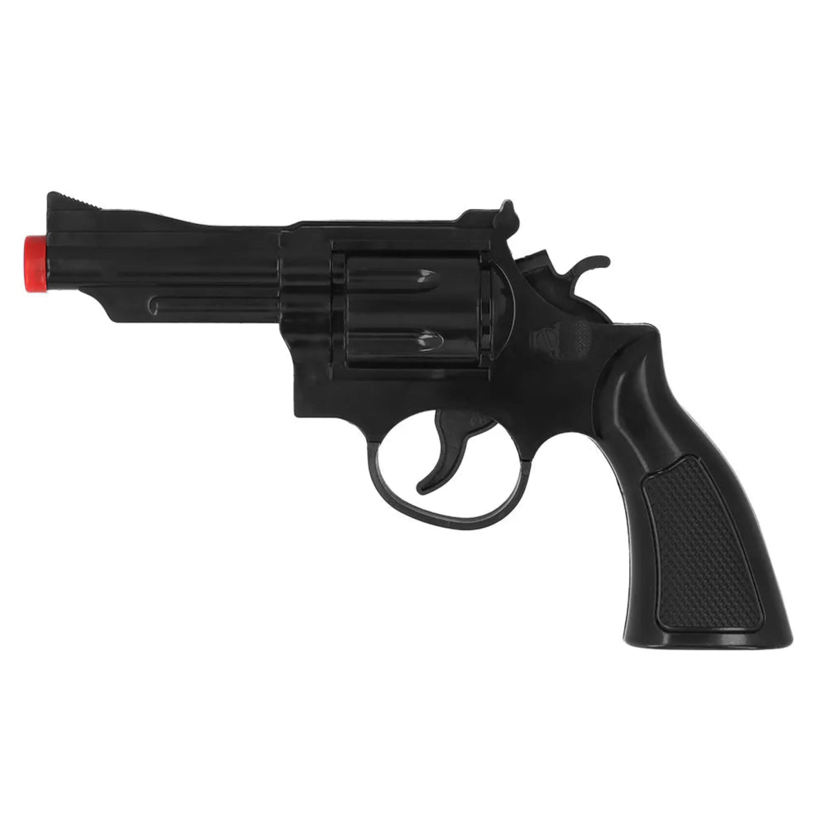 Black revolver with a red tip on a white background
