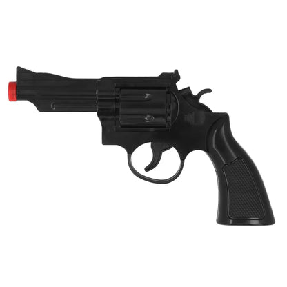 Black revolver with a red tip on a white background