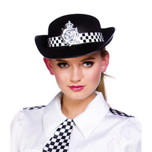 Person wearing a police uniform hat with a checkered band on a white background