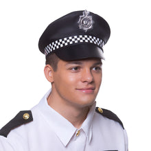 Man wearing a police uniform with a cap on a white background