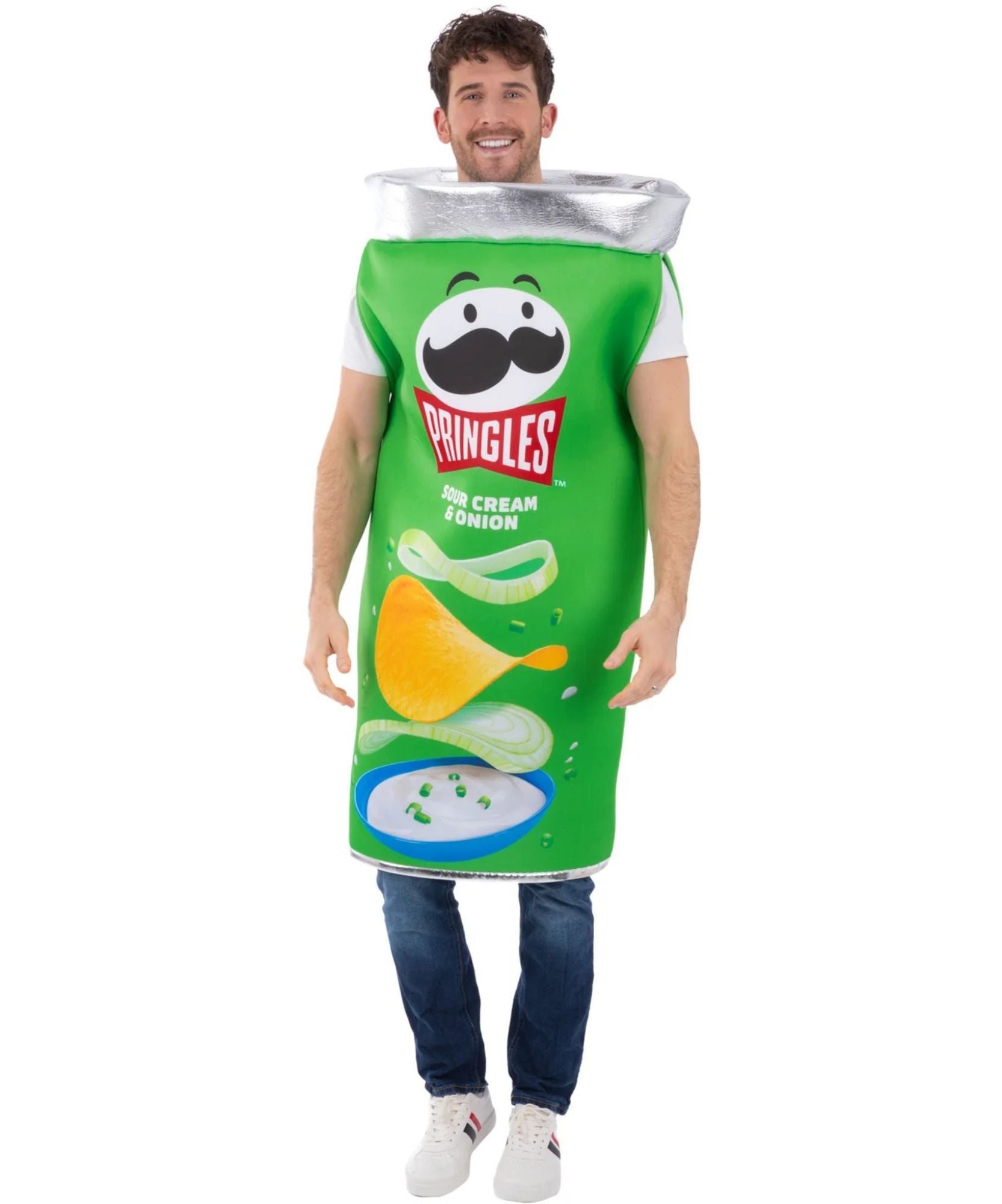 A man modeling a Pringles 'Big Cream Onion' costume, featuring a green apron-style body with printed graphics of the brand logo, potato chips, and onion slices, complete with a silver foil collar.