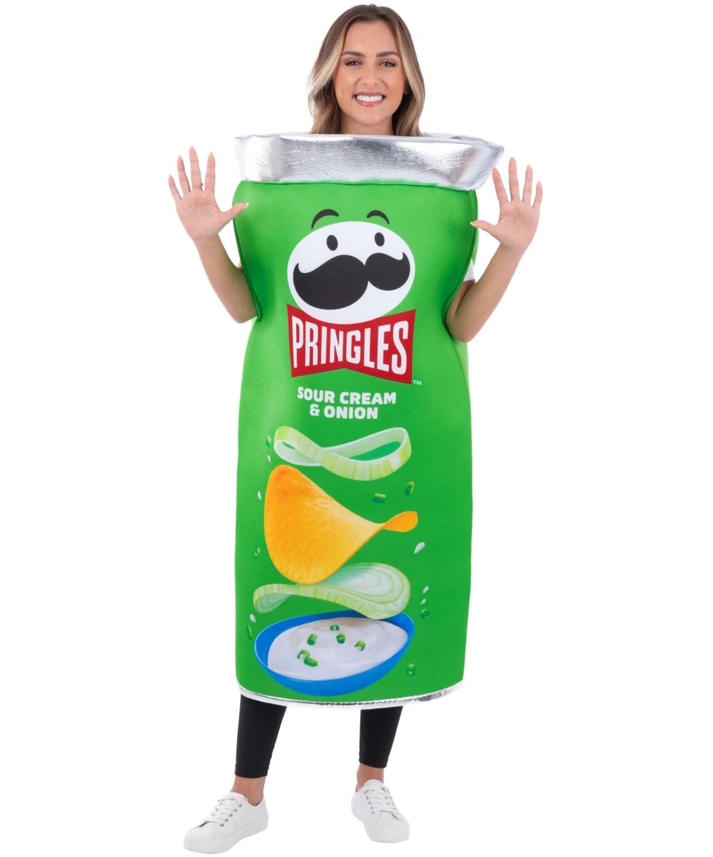 A woman modeling a Pringles Sour Cream & Onion costume, standing against a plain white background. The costume is shaped like a green Pringles can with the brand's red logo, a black mustache, and illustrations of potato chips and sour cream.