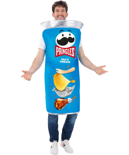 A man modeling a Pringles Salt & Vinegar costume apron over a white t-shirt and jeans, standing against a plain white background.